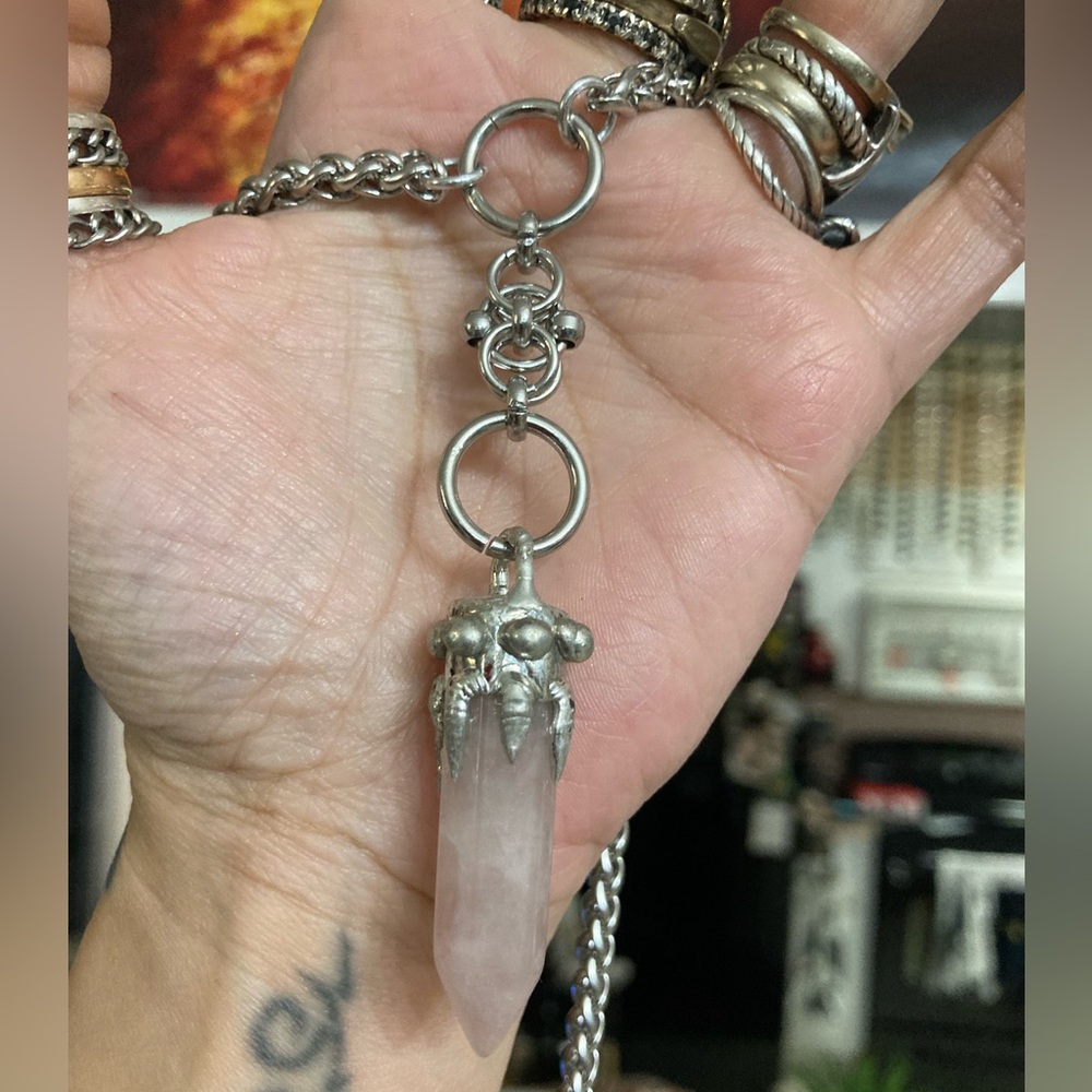 Genuine rose quartz bullet stainless steel maille celtic knot lariat Y necklace - Picture 13 of 16